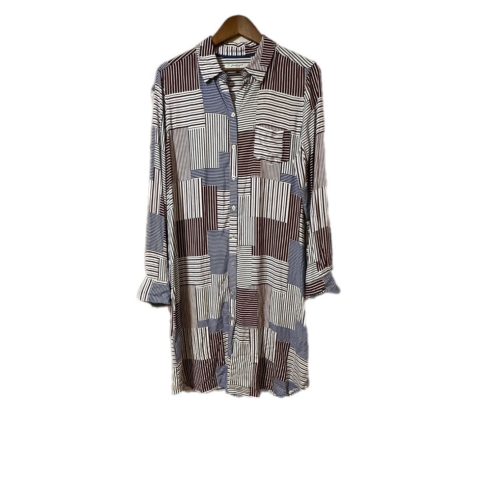 Foxcroft NYC Patchwork‎ Stripe Shirt Dress Rayon Long Sleeve Tunic Womens 14